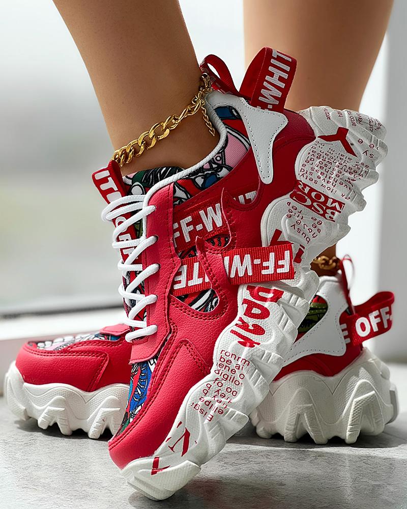 

Cartoon Letter Print Fashionable Platform Sneakers, Red