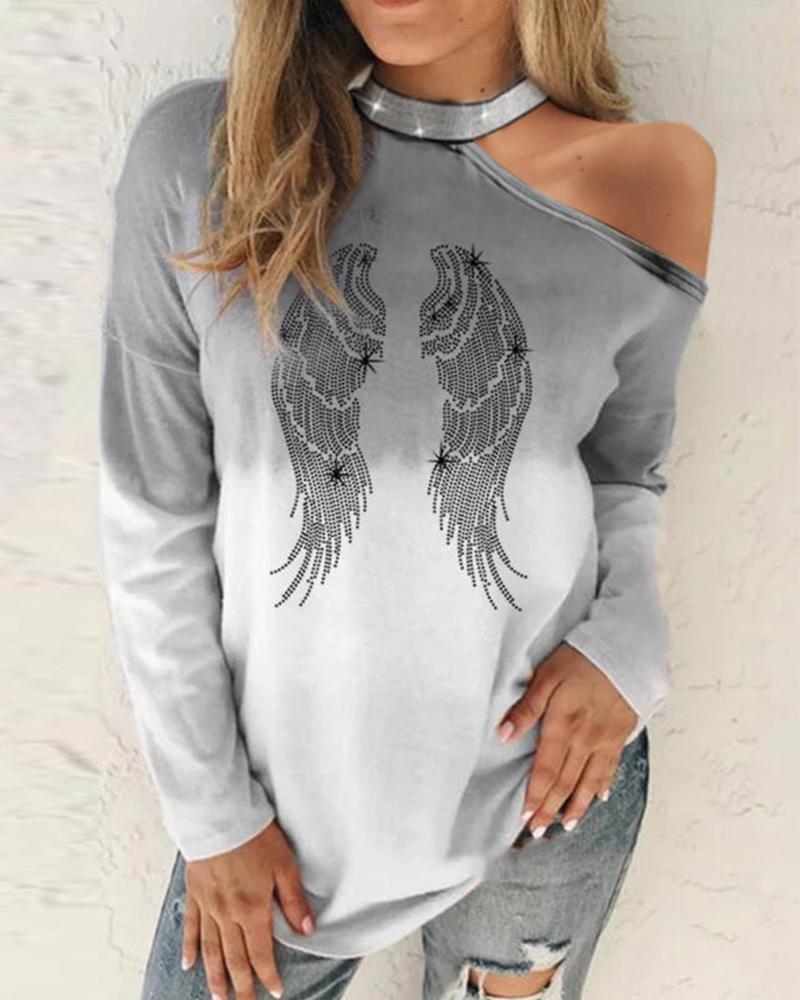 

Angel Wings Print Cold Shoulder Top, Gray