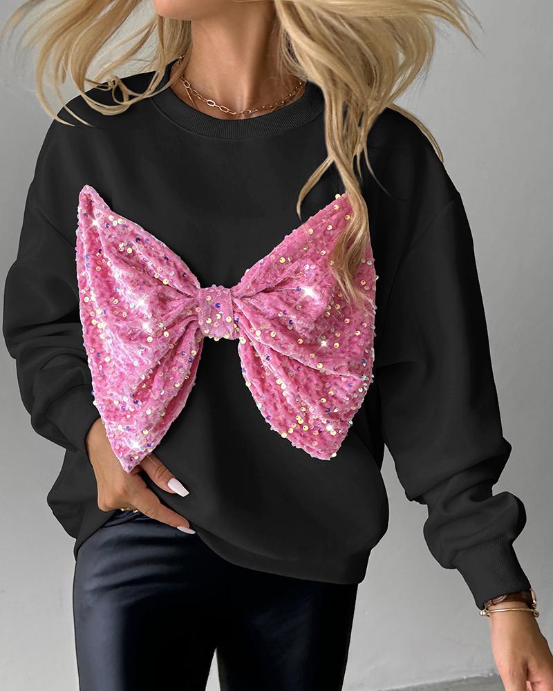 

Round Neck Long Sleeve Contrast Sequin Bowknot Decor Sweatshirt, Black