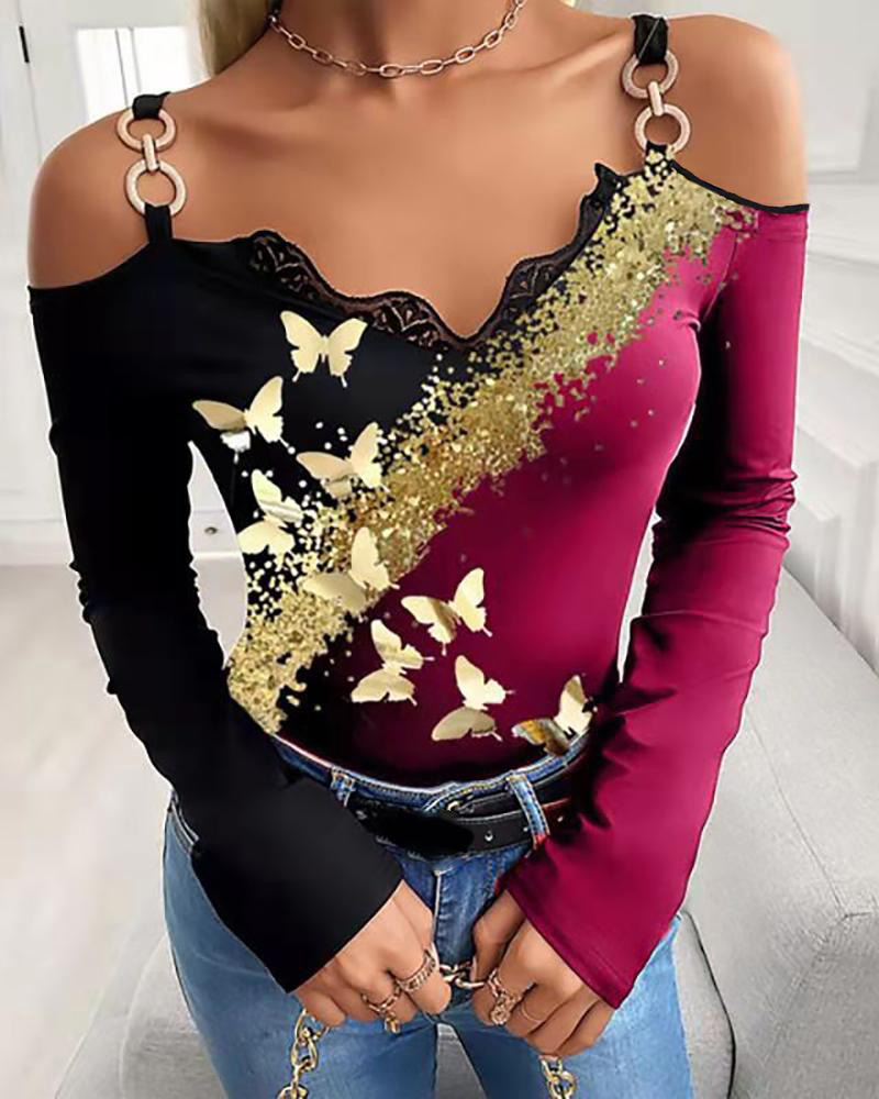 

Cold Shoulder Butterfly Bronzing Print Long Sleeve Top, Hot pink