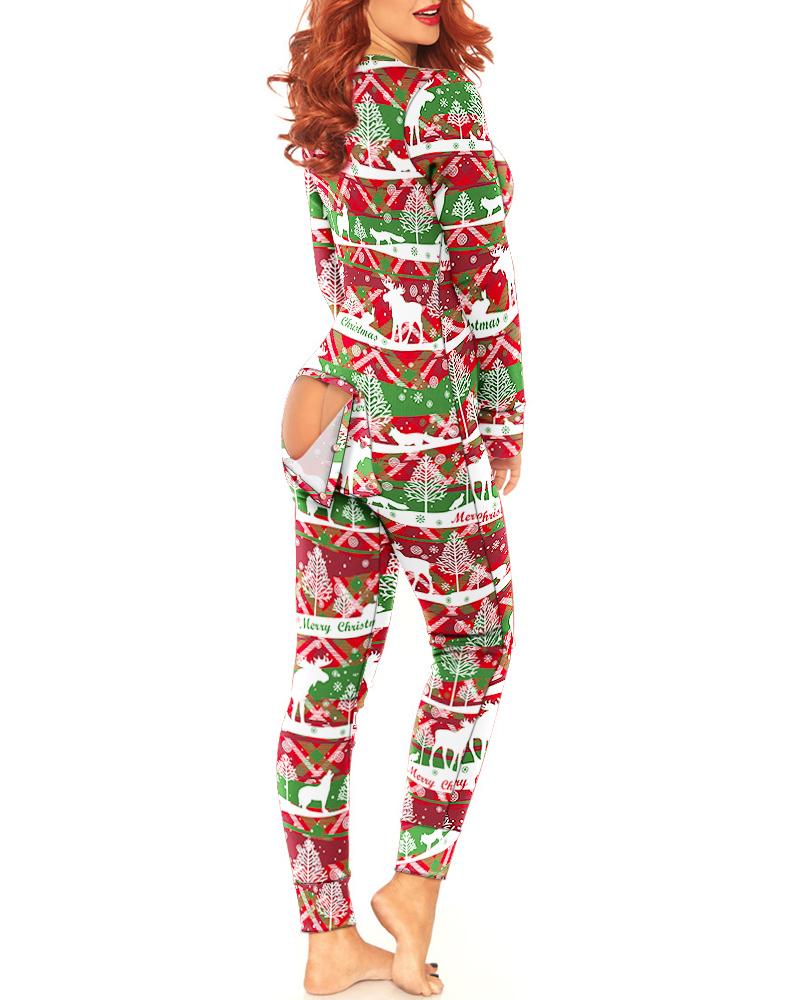 

Christmas Tree Snowflake Elk Print Functional Adult Onesie, Multicolor