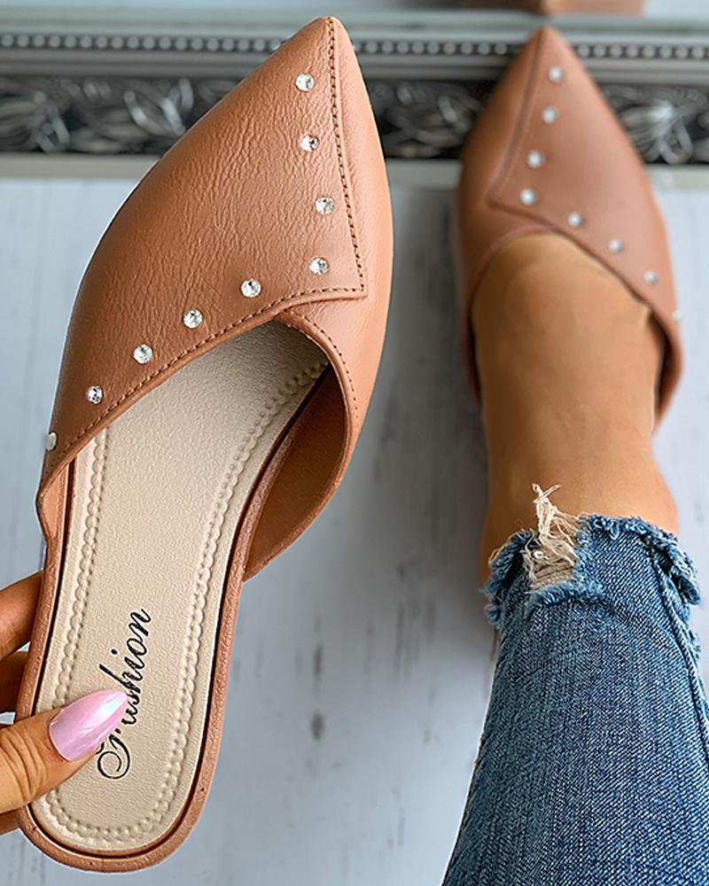 

Studded Decor Pointed Toe Casual Shoes, Brown