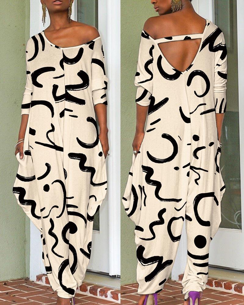 

Abstract Print Long Sleeve Harem Jumpsuit, Apricot