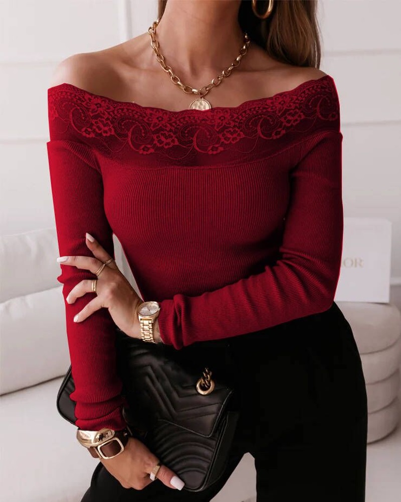 

Contrast Lace Off Shoulder Long Sleeve Top, Red