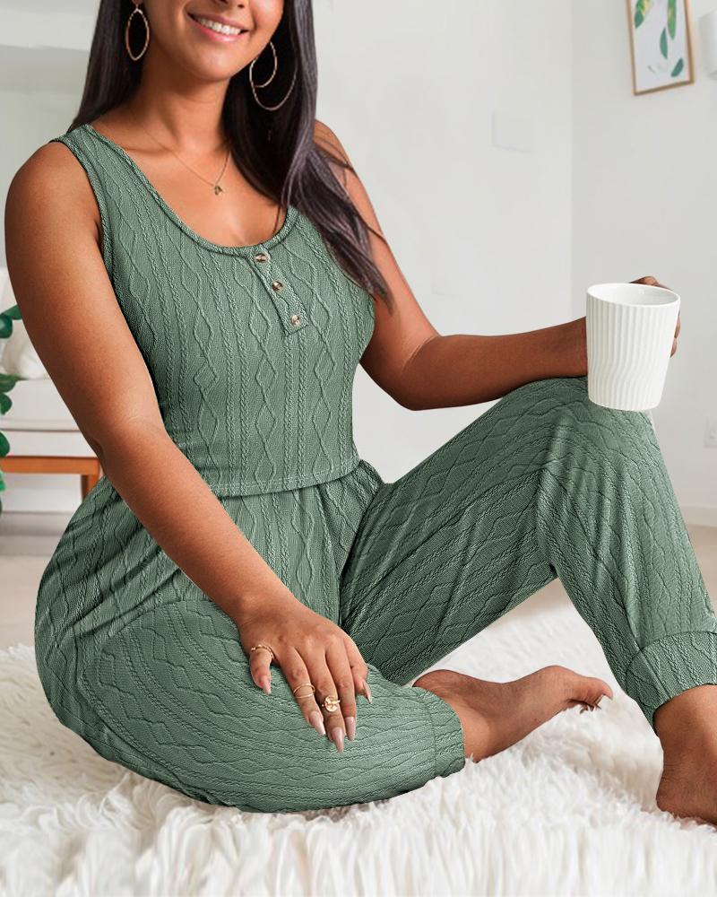 

Plus Size U-Neck Drawstring Cable Textured Pajamas Set, Green