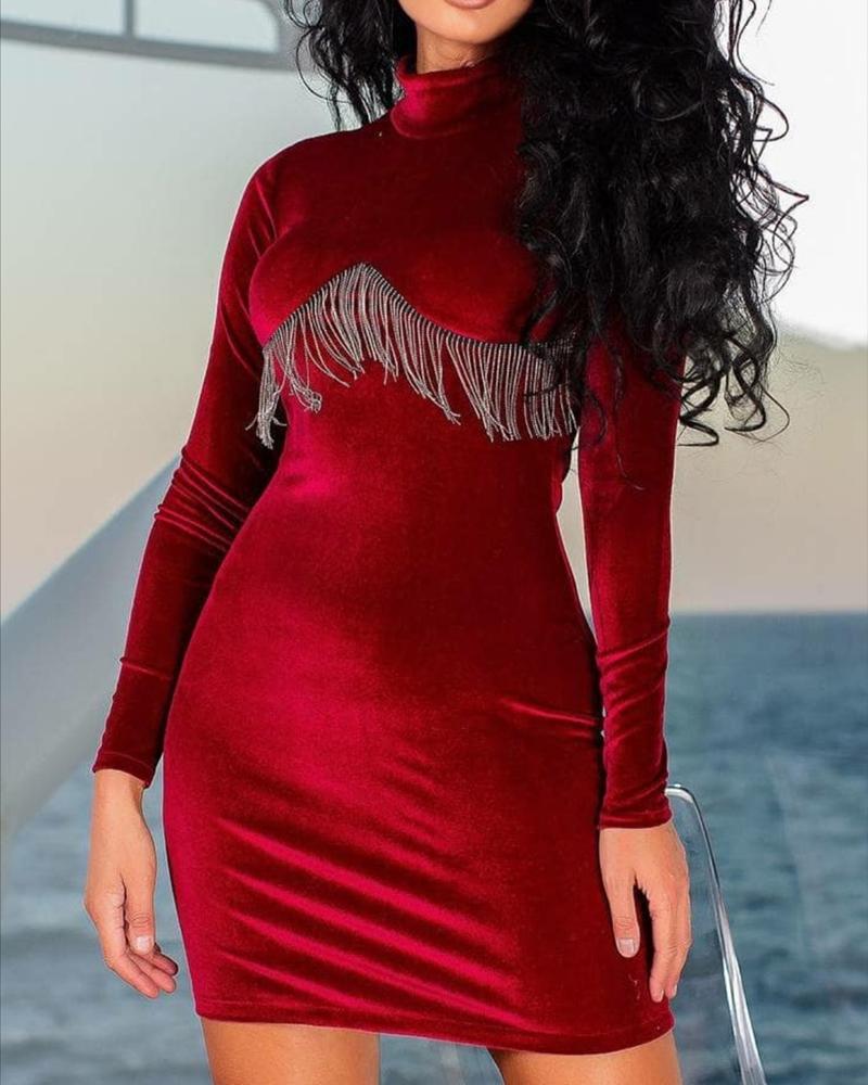 

Velvet Tassel Front Long Sleeve Bodycon Dress, Wine red