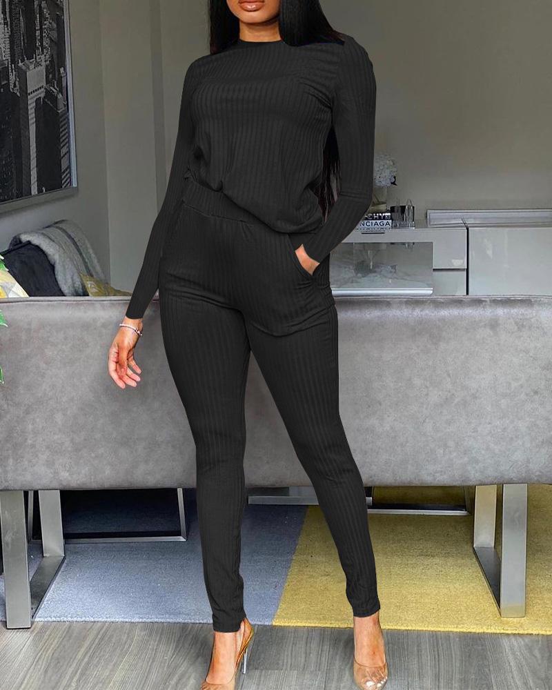 

Ribbed Long Sleeve Top & Pants Set, Black