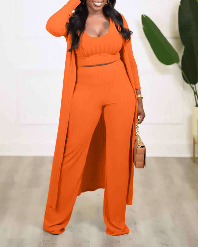 

3PCS Ribbed Tank Top & Pants Set With Longline Coat, Orange