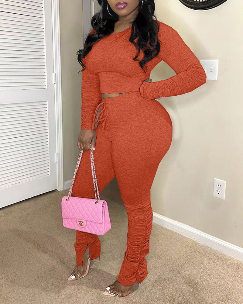 

Long Sleeve Crop Top & Stacked Drawstring Pants Set, Orange