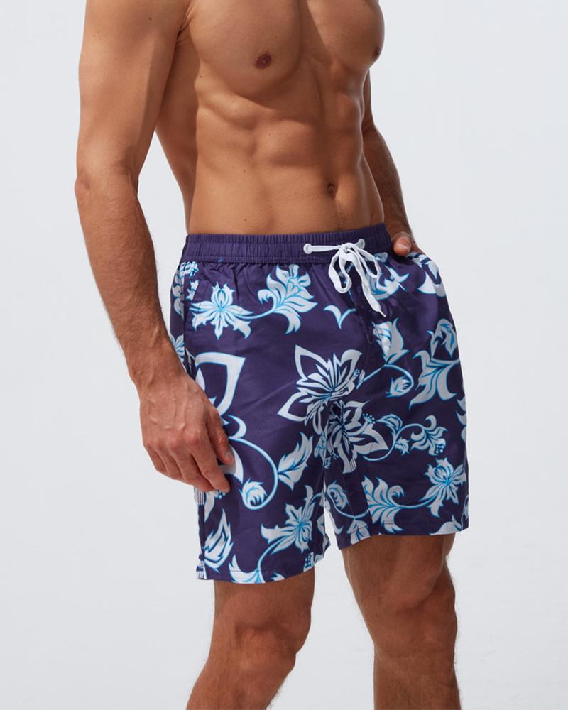 

Floral Print Drawstring Swim Short Pants, Style1
