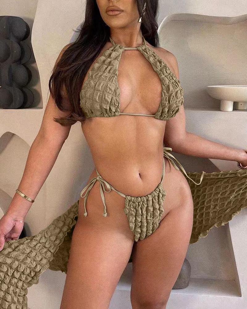 

3PCS Bubble Textured Bikini Set With Cover Up Skirt, Khaki