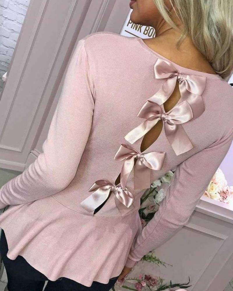 

Bowknot Decor Long Sleeve Peplum Knit Top, Pink