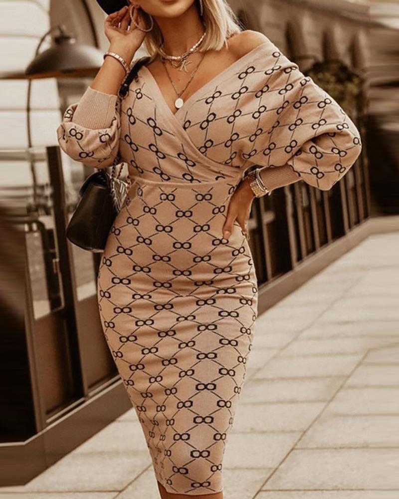 

All Over Print Wrap Long Sleeve Dress, Khaki