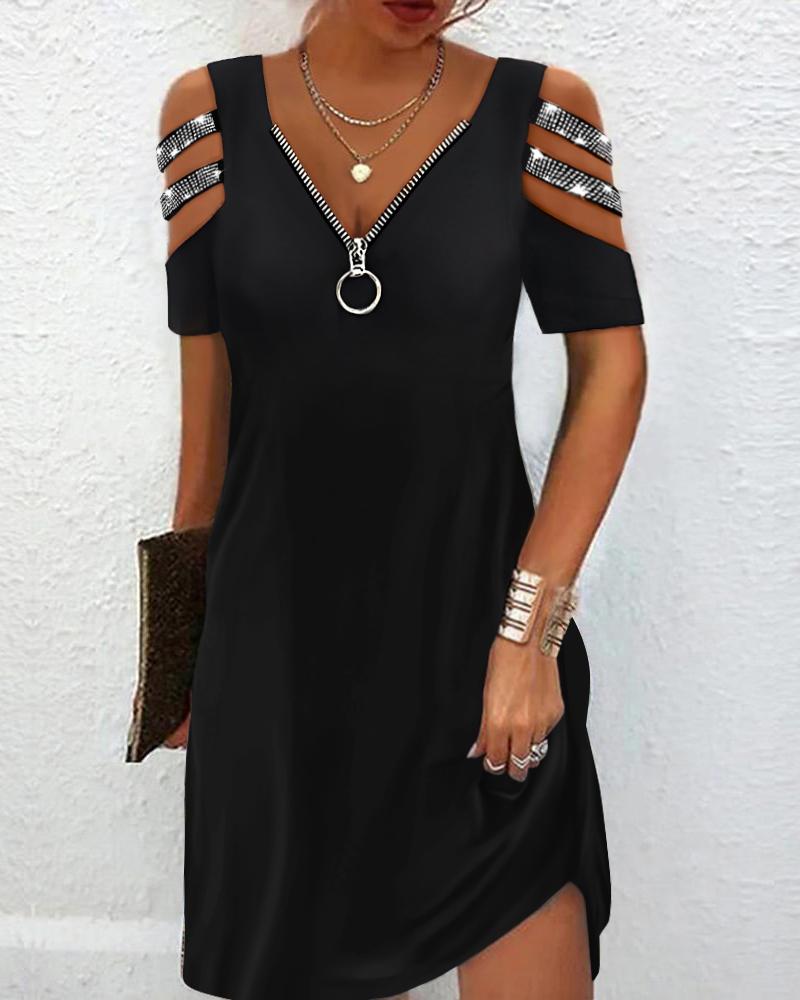 

Zipper Design Rhinestone Cold Shoulder Casual Dress, Black