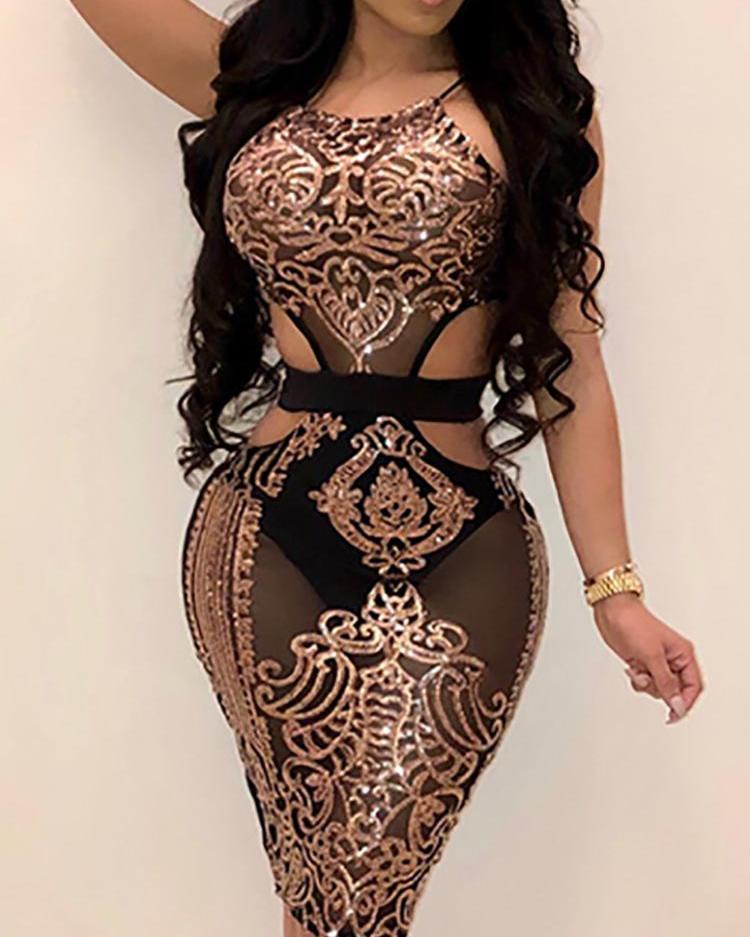 

Cut Out Halter Bodycon Sequin Dress, Black