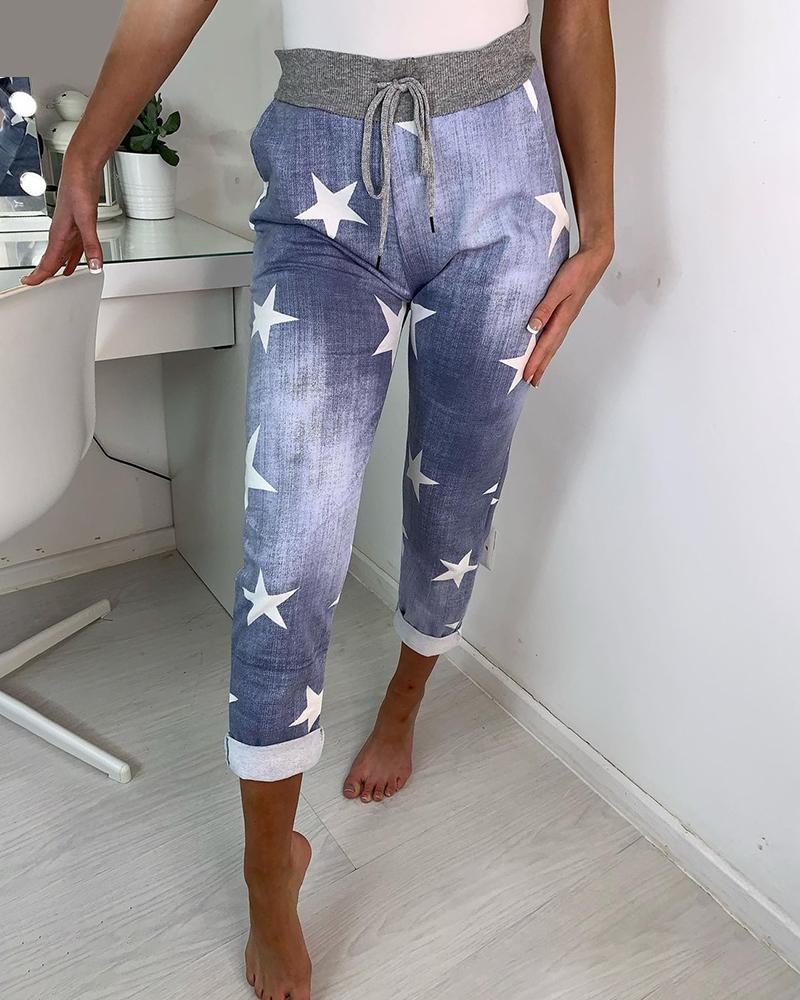 

High Waist Star Print Drawstring Pants, Black