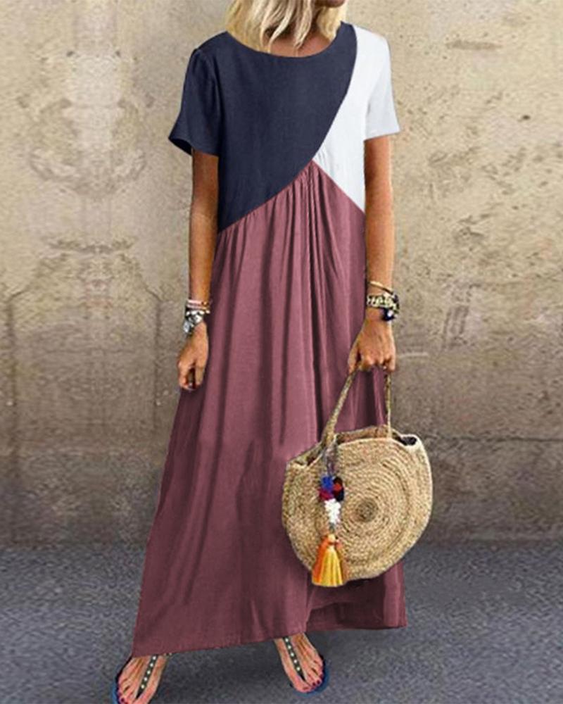 

Colorblock Patchwork Short Sleeve Maxi Dress, Red