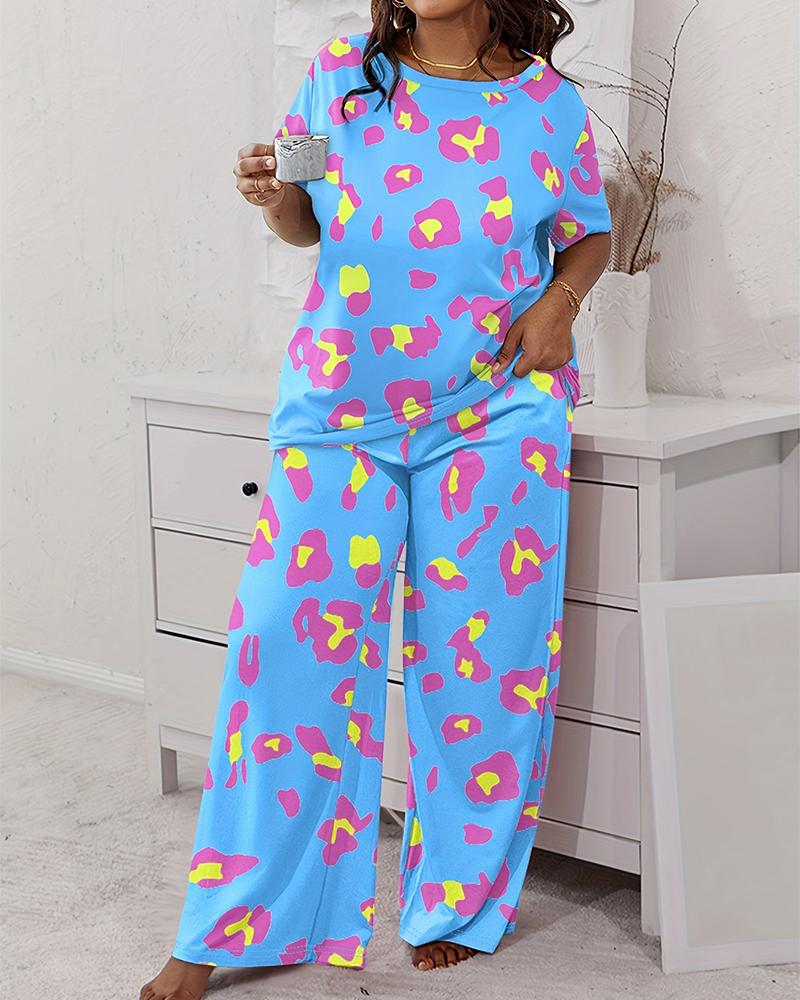 

Plus Size Leopard Print Wide Leg Pajamas Set, Blue