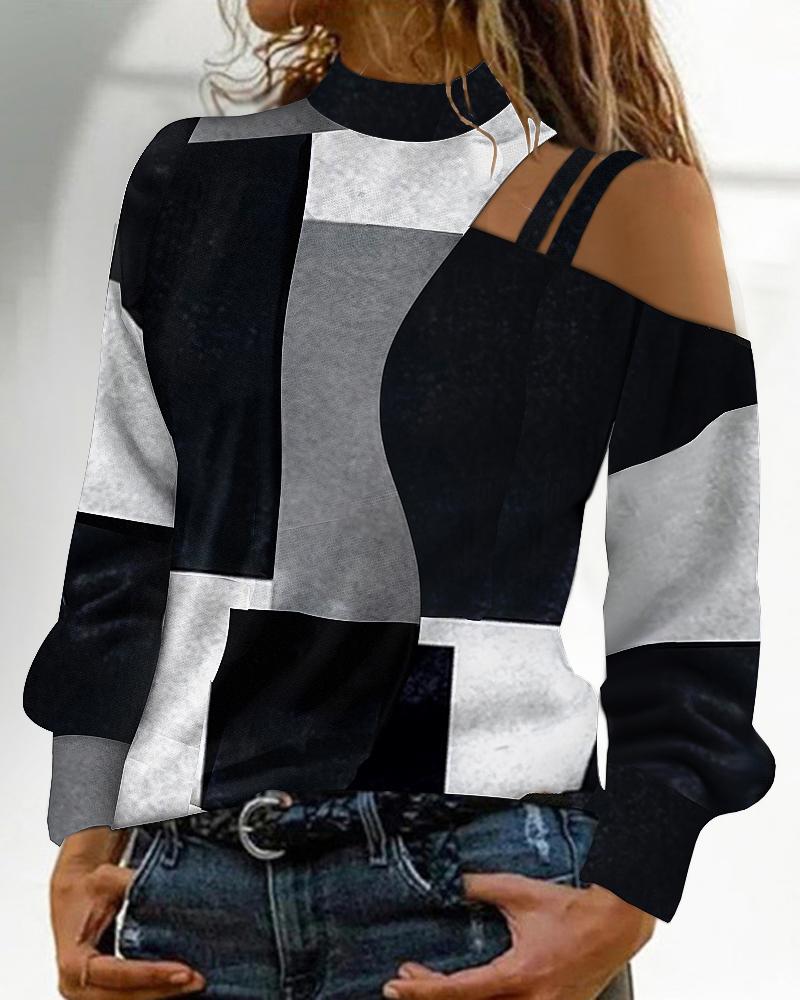 

Geometric Print Cold Shoulder Top, Black