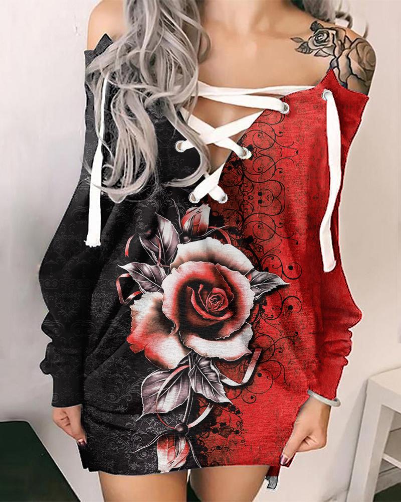 

Floral Print Eyelet Lace-Up Sweatshirt Dress, Red