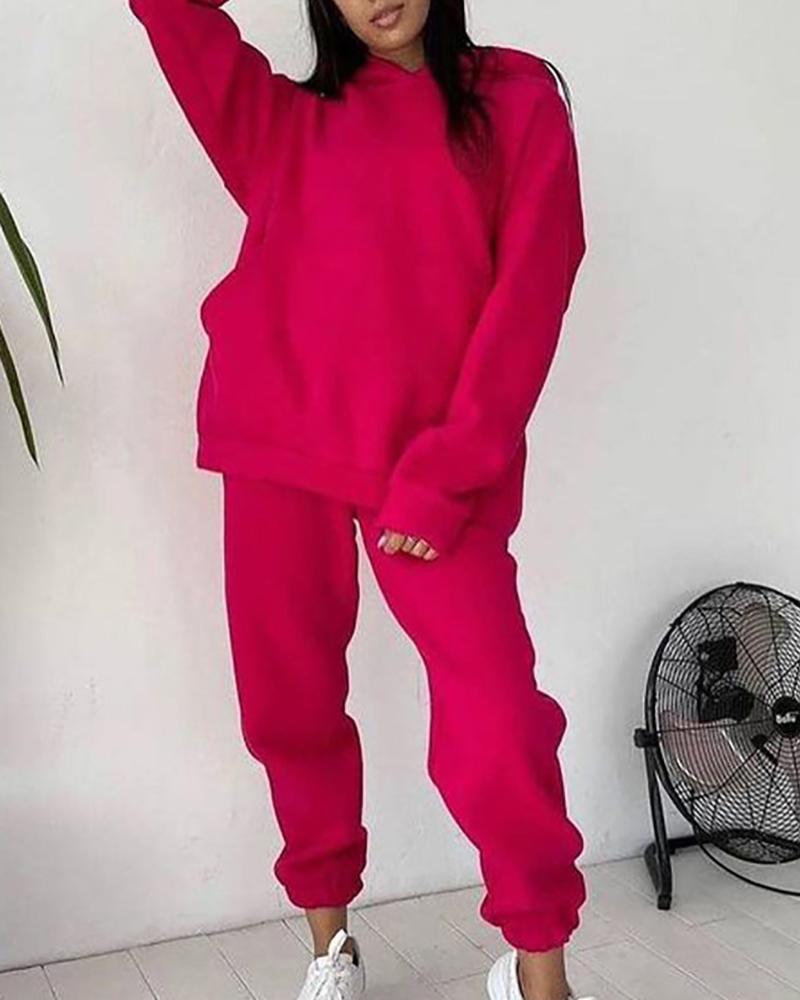 

Pocket Design Long Sleeve Hooded Top & Pants Set, Hot pink
