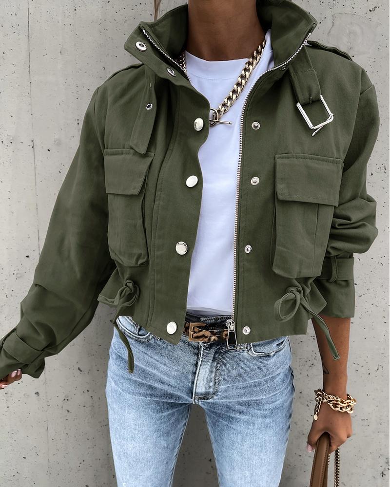 

Pocket Button Design Long Sleeve Cargo Biker Jacket, Green