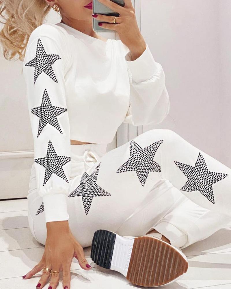 

Studded Star Pattern Top & Drawstring Pants Set, White