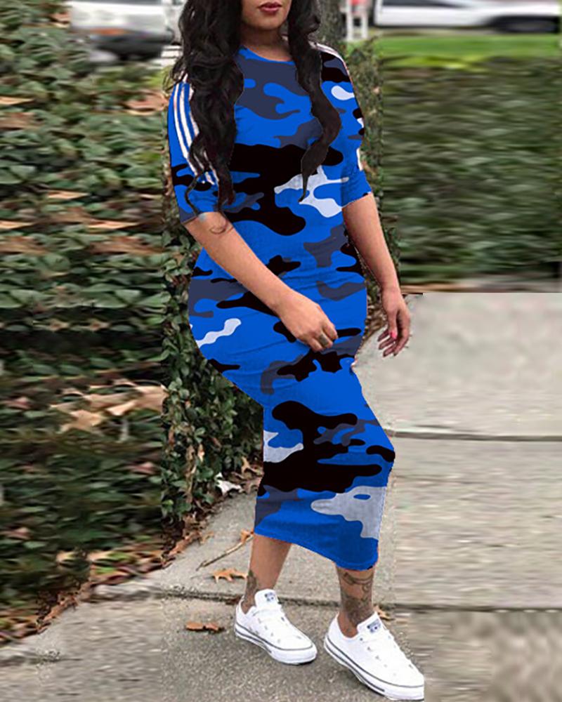 

Camouflage Print Striped Bodycon Dress, Blue