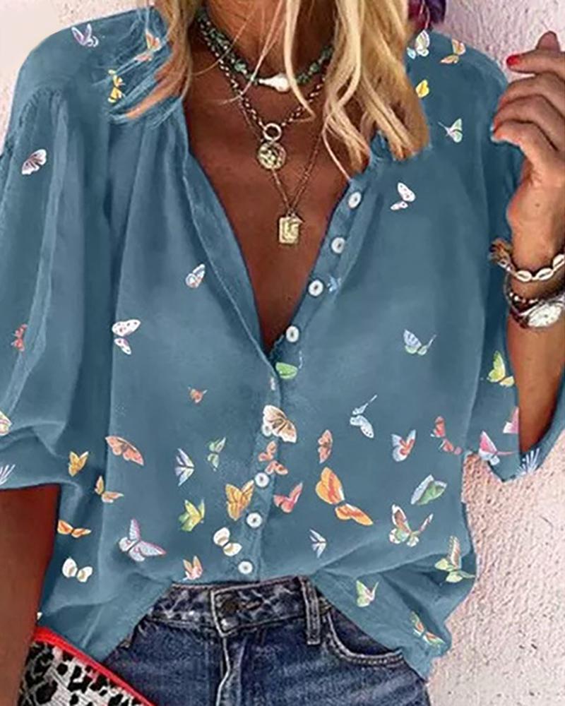 

Butterfly Print Button Front Half Sleeve Shirt, Blue