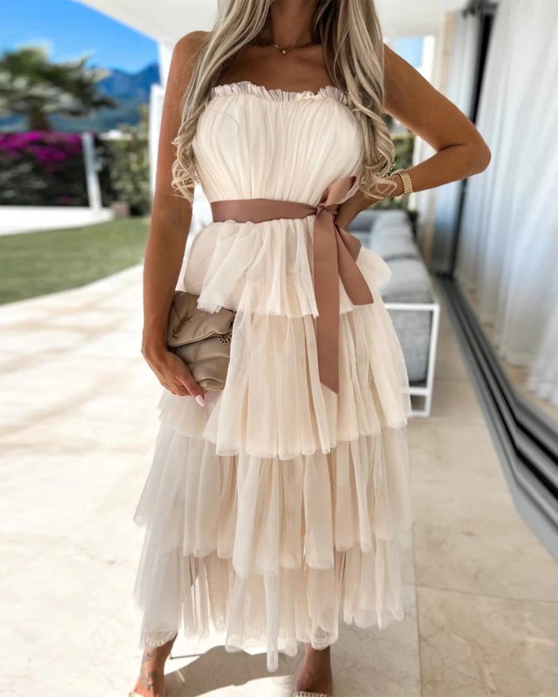 

Layered Sheer Mesh Bandeau Party Dress, Apricot