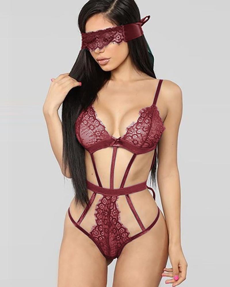 

Eyelash Lace Cutout Teddy With Eyes Mask, Wine red