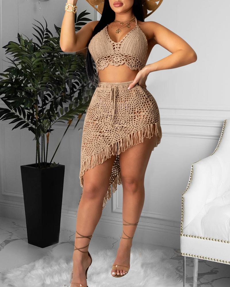 

Tied Detail Drawstring Tassel Design Cover Up Set, Khaki