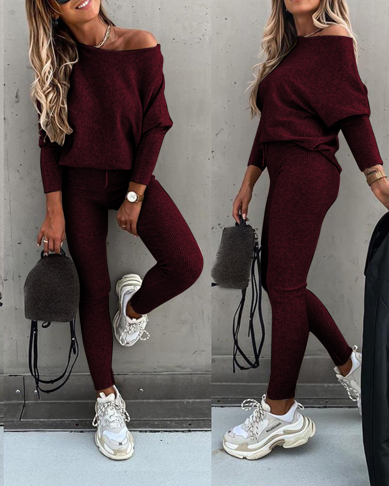 

Long Sleeve Top & High Waist Drawstring Pants Set, Wine red
