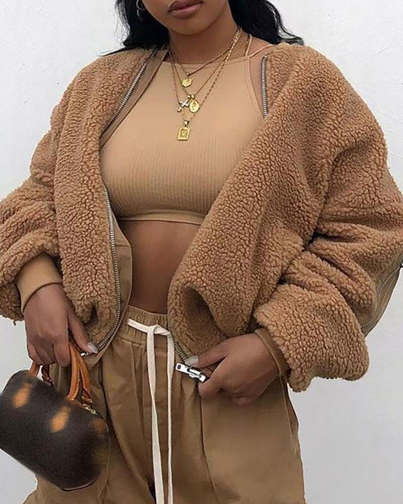 

Long sleeve Plain Zip Front Teddy Coat, Brown