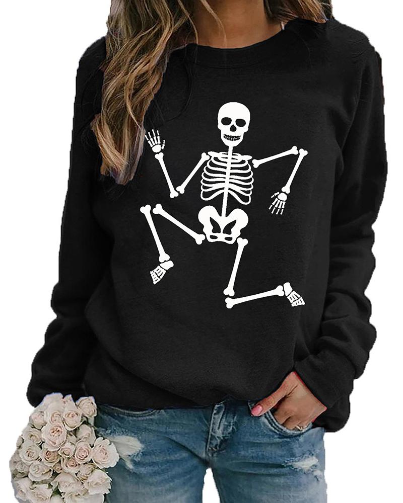 

Halloween O-Neck Skeleton Print Top, Black