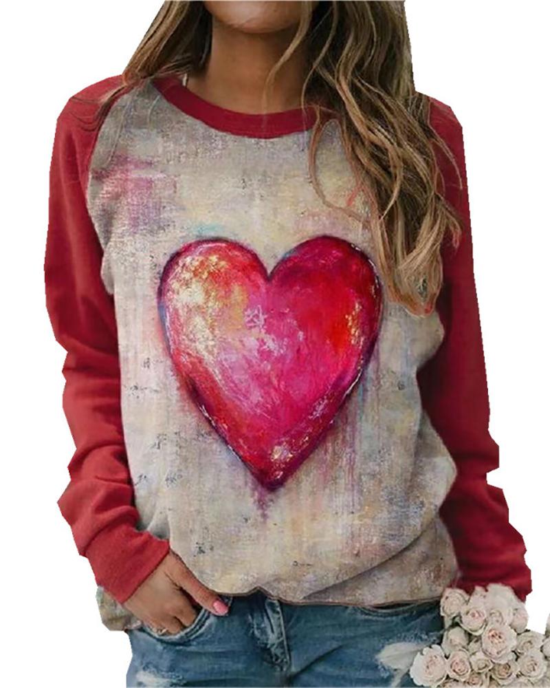 

Heart / Tie Dye Print Long Sleeve Casual Top, Red