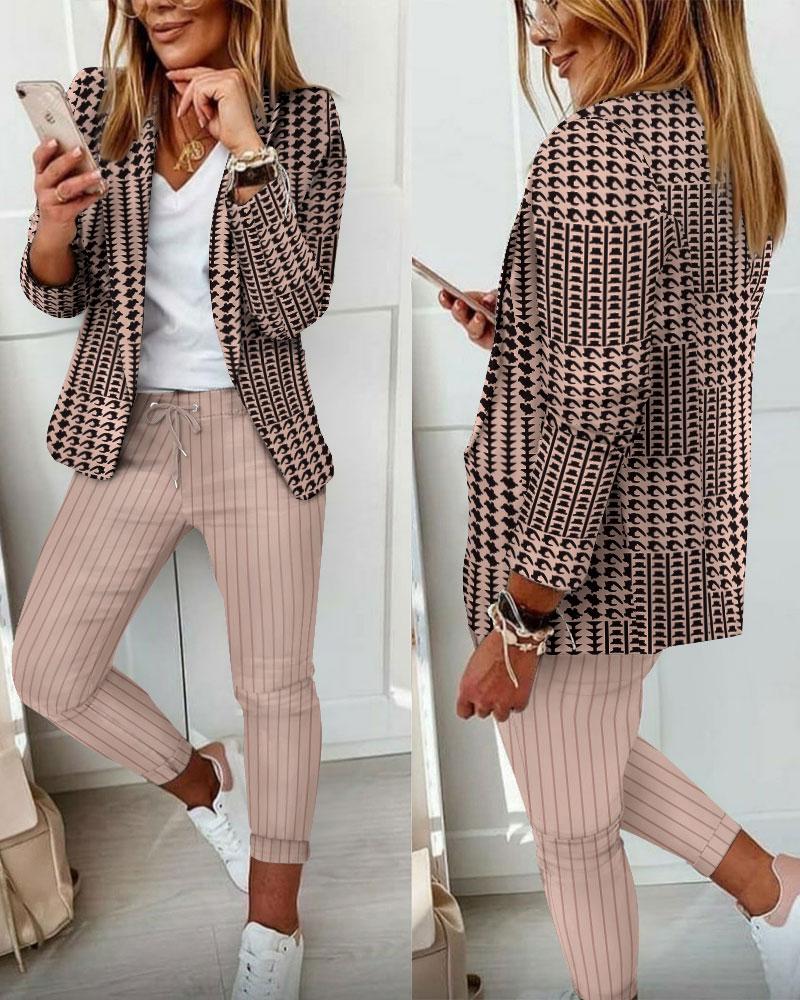 

Geometric Print Long Sleeve Blazer & Striped Pants Set, Khaki