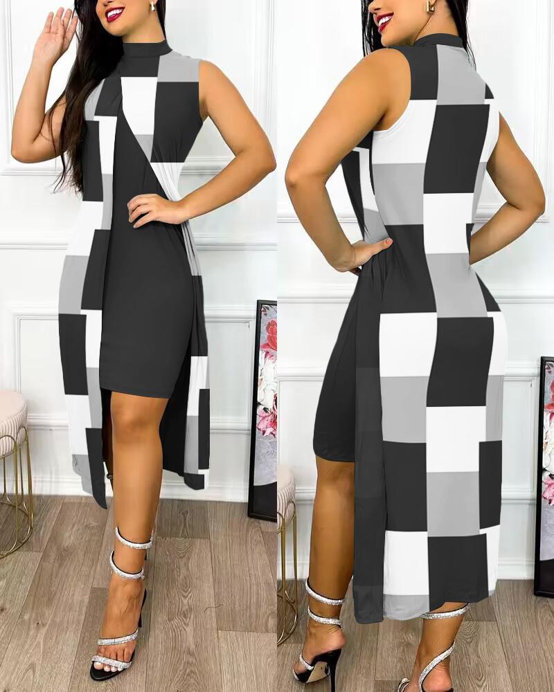 

Geometric Print Colorblock Slit Asymmetrical Casual Dress, Black