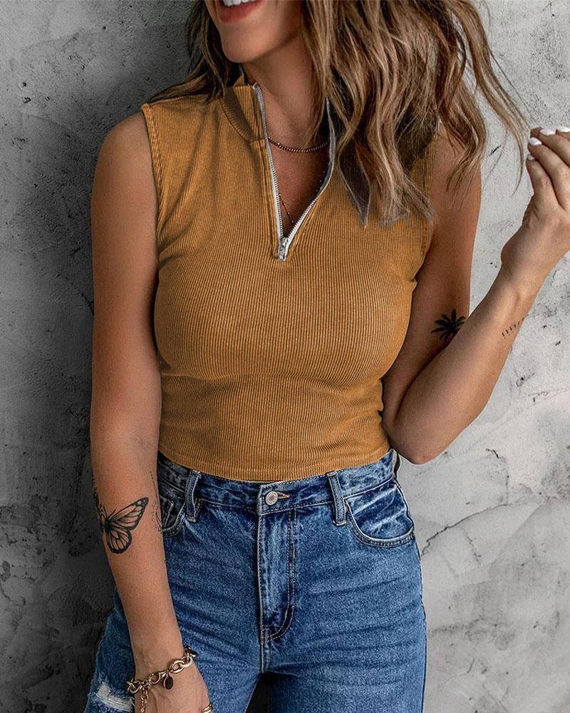 

Zip Front Ribbed Crop Tank Top, Khaki