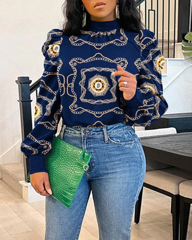 

Scarf Chain Print Tie Back Shirred Puff Sleeve Top, Blue