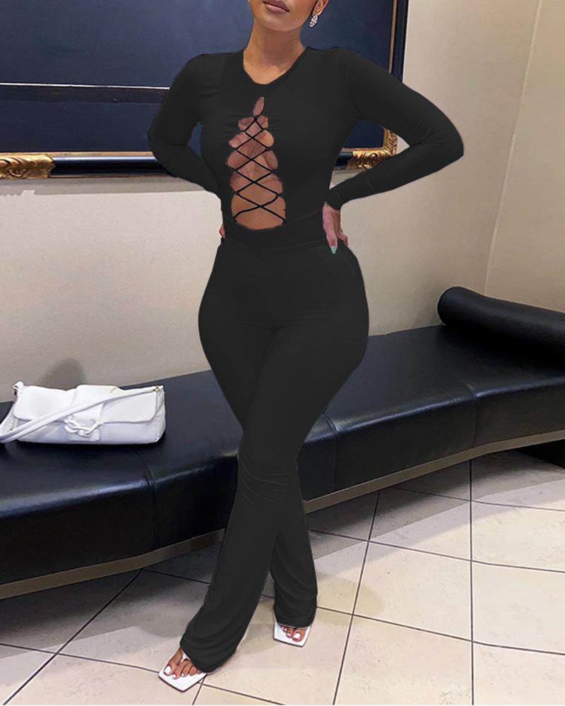 

Long Sleeve Lace-up Cutout Front Jumpsuit, Black