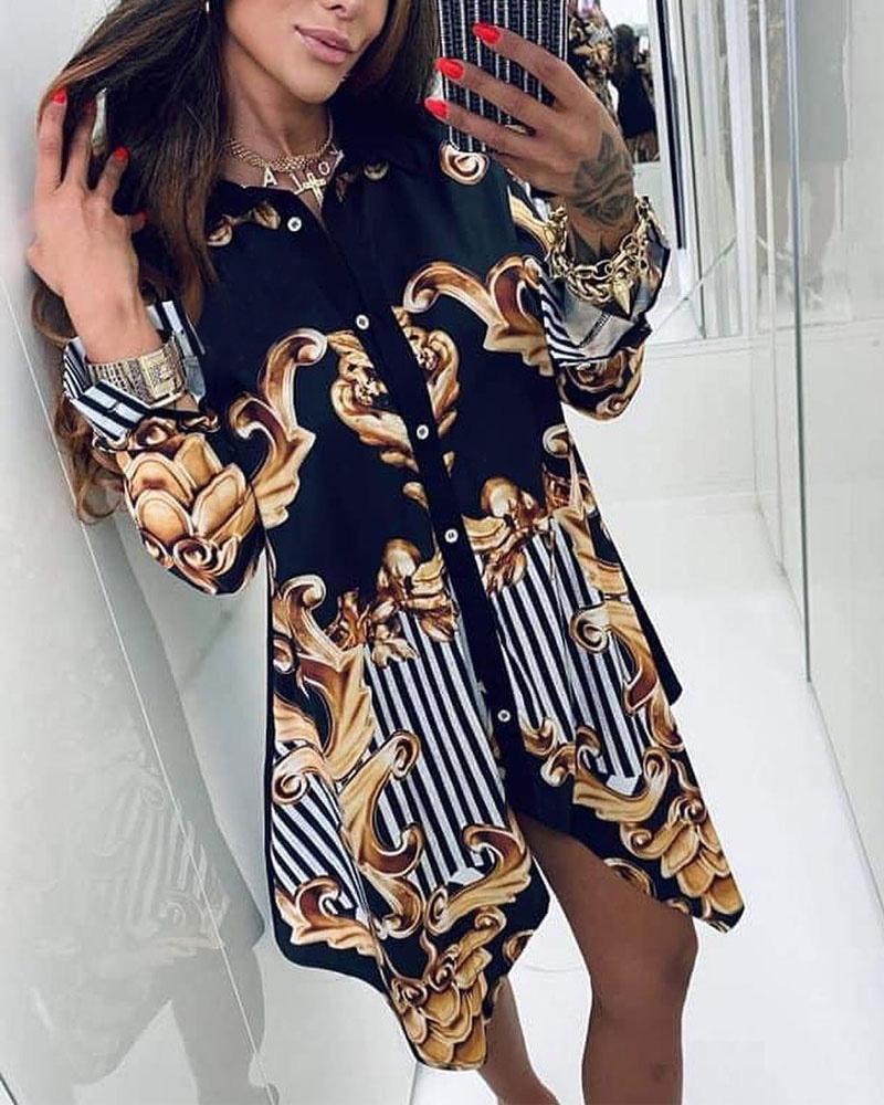 

Baroque Striped Print Button Front Asymmetrical Shirt Dress, Black