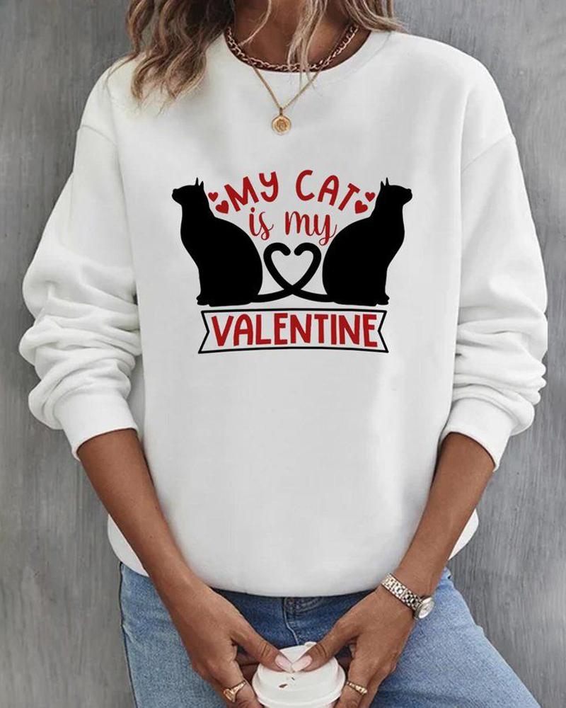 

Valentine' Day Cat Heart Print Long Sleeve Sweatshirt, White