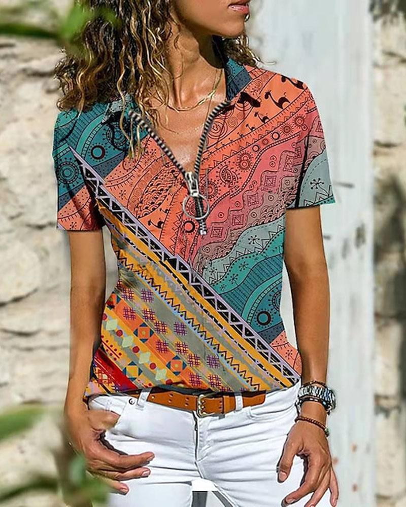 

Aztec Geometric Tribal Print Zip Detail Casual Top, Multicolor