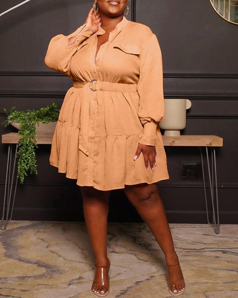 

Plus Size Long Sleeve Ruffle Hem Belted Shirt Dress, Orange