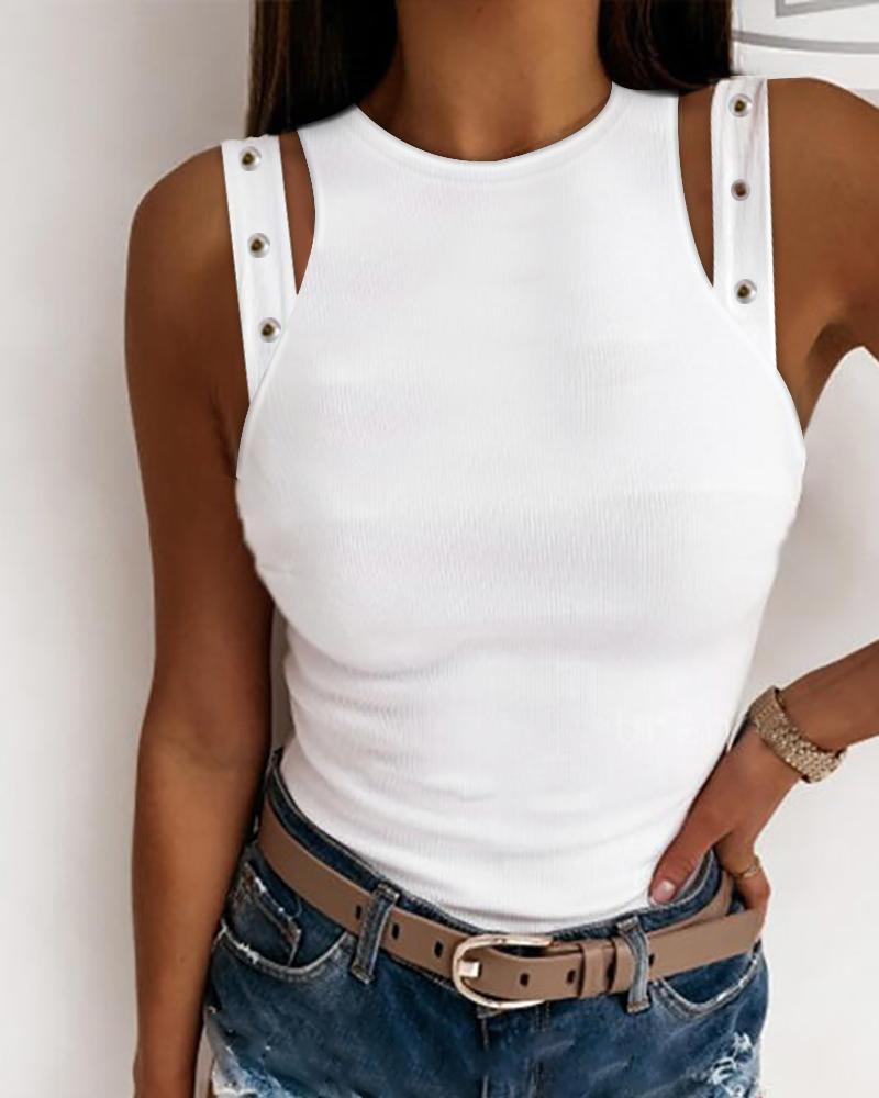 

Eyelet Detail Cutout Ribbed Tank Top, White