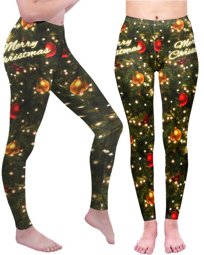 

Christmas 3D Jingle Bell Tree Print High Waist Elastic Yoga Pants, Green