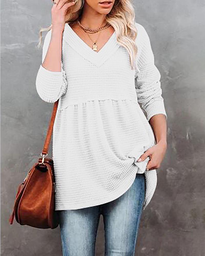 

Long Sleeve Waffle Knit V-Neck Ruched Top, White