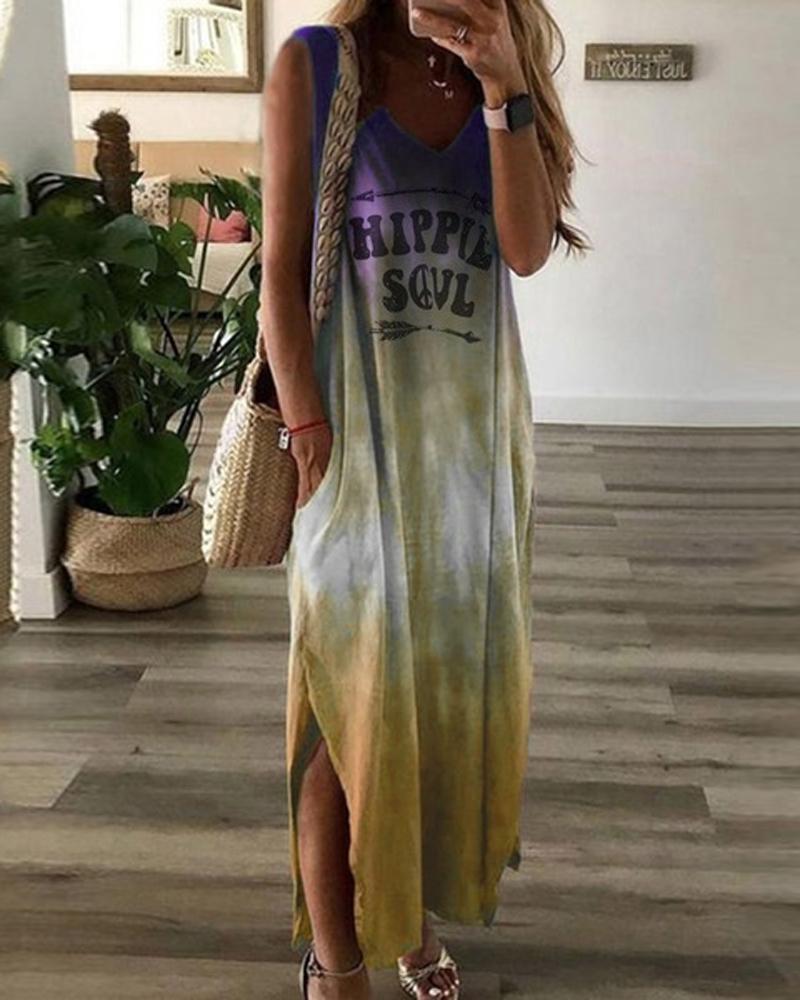 

Letter Tie Dye Print Split Hem Casual Dress, Yellow