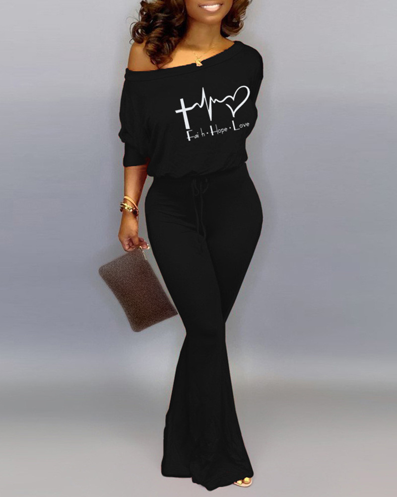 

Letter Heart Print Drawstring Bootcut Jumpsuit, Black